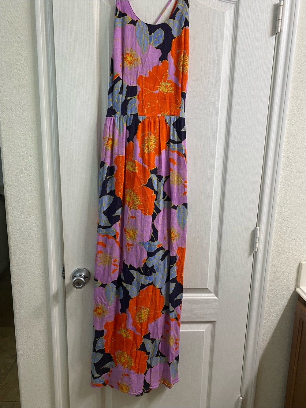 LOFT Full Bloom Cross-Back Floral Maxi Boho Dress Purple Orange Watercolor 10 - Picture 4 of 16